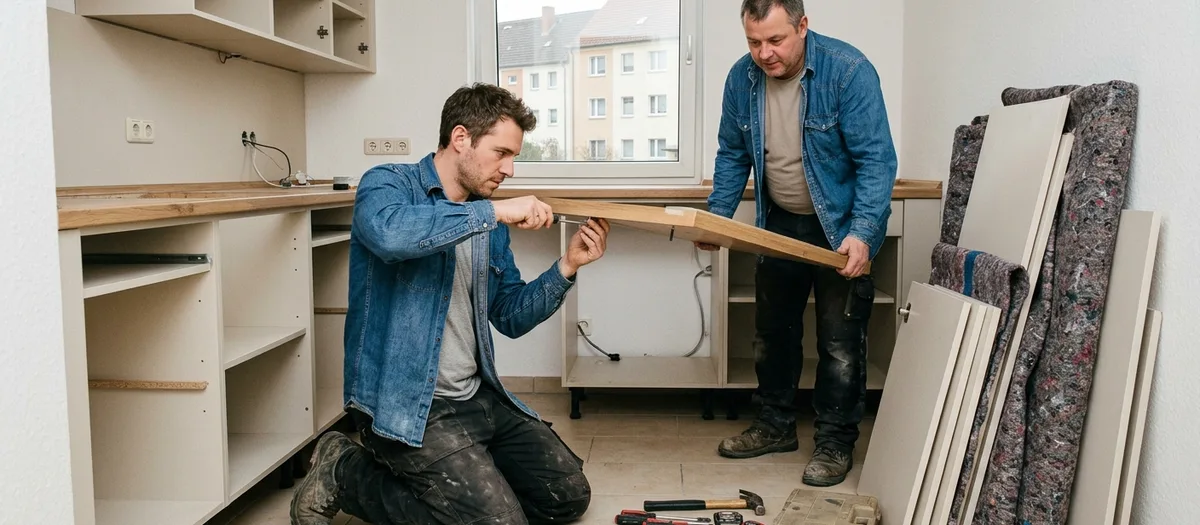 Umzugswagen steht quer zur abschüssigen Straße, die Ladebordwand ist herunter, ein Schrank wird gesichert