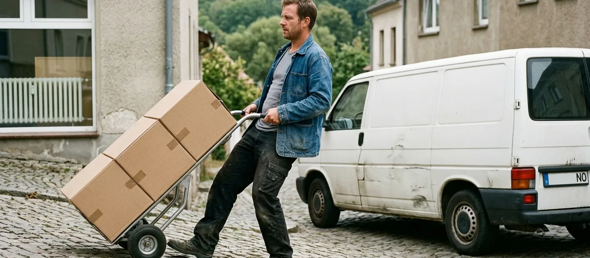 Zwei Umzugshelfer schieben Kartons in einen kleinen Transporter vor einem Dorfhaus