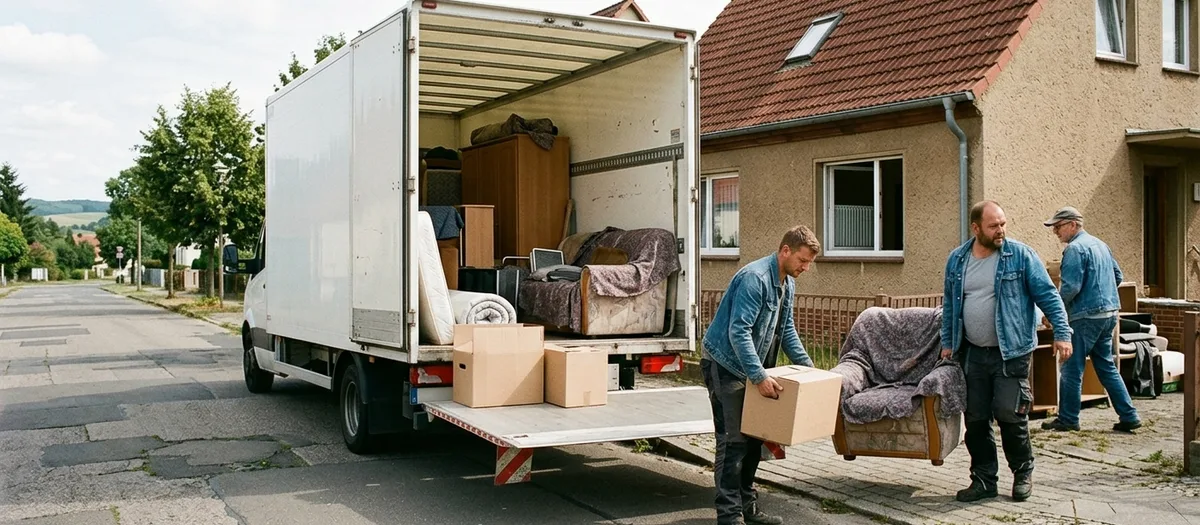 Umzugshelfer und Bewohnerin stehen vor einem Schrank und gehen eine handschriftliche Liste durch